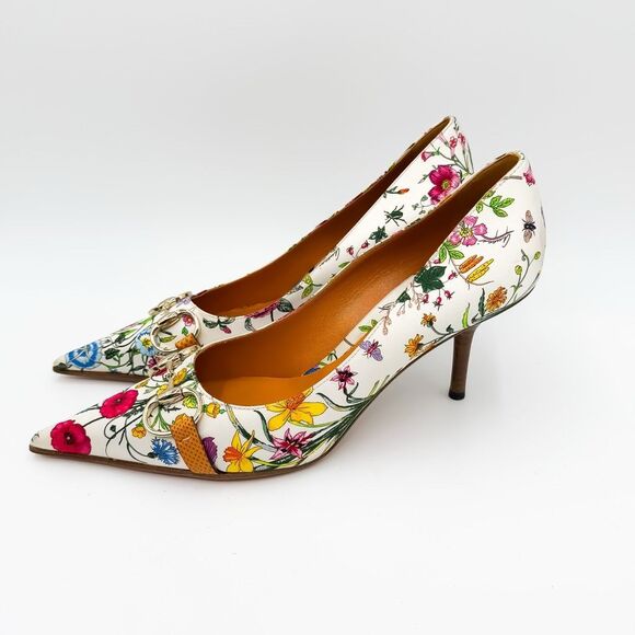 Gucci Horsebit Floral Pointed Toe Pumps Heels Satin Size 9 - Picture 3 of 15